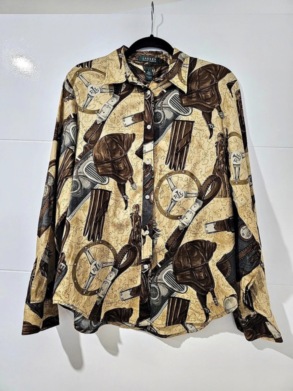 Lauren Ralph Lauren Women’s Aviator Print Button-Up Collared Shirt L